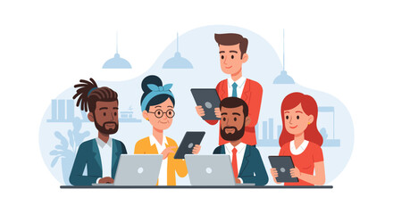 Obraz premium A diverse team collaborates in a modern office setting, utilizing digital tablets and laptops for presentations and web design projects, showcasing a corporate environment with a focus on marketing