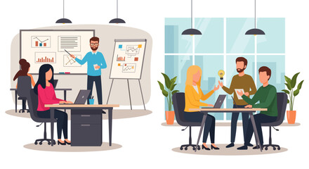 Fototapeta premium Modern business meeting and presentation scene with diverse team collaborating and sharing ideas in a bright, contemporary office space.