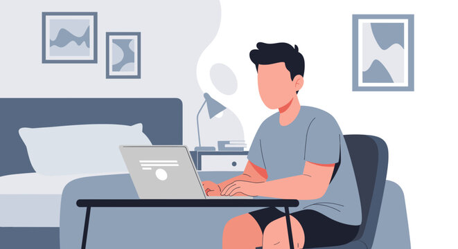 A modern, flat design illustration depicting a person working on a laptop in a home office setting, ideal for website landing pages and marketing materials.
