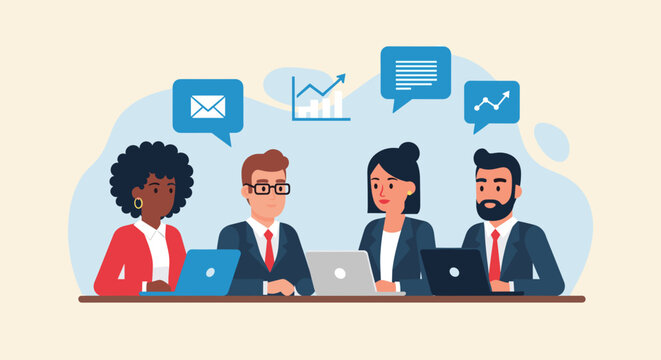 A diverse team of business professionals collaborates around a table with laptops and communication icons in a modern flat design illustration. - Powered by Adobe