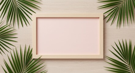 Minimalist Light Wood Frame with Pink Background Surrounded by Green Palm Leaves