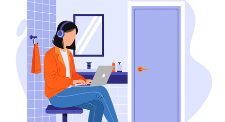 A person wearing headphones works on a laptop in a modern bathroom, showcasing remote work and digital lifestyle in a flat design illustration.