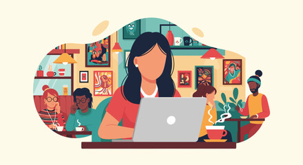 Diverse group of people collaborating and working in a modern cafe setting, ideal for business and lifestyle themes.