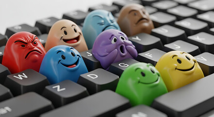Colorful Keyboard Characters Expressing Diverse Emotions for Creative Tech Concept
