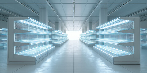 Obraz premium Innovations in food security exploring empty shelves in future grocery stores urban environment futuristic viewpoint