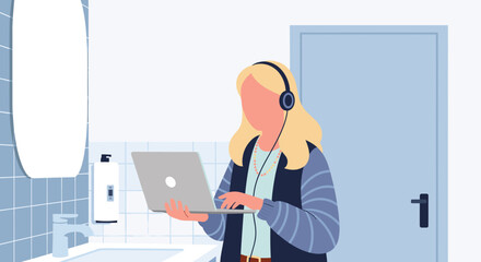 A person with headphones works on a laptop in a modern flat design illustration, depicting remote work or online learning from home.