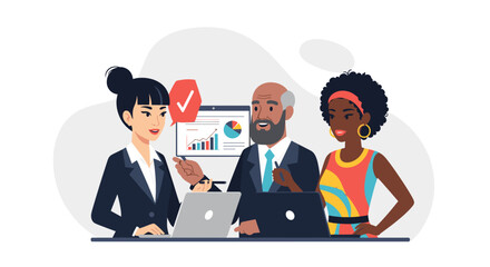 A diverse team of business professionals collaborates on a project, analyzing data on laptops, showcasing a successful presentation with charts and graphs, in a modern office environment.