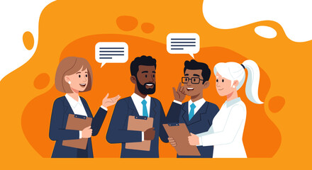 A diverse group of professionals are engaged in a dynamic discussion, sharing ideas and collaborating on project strategies in a modern, flat design style.