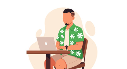 Modern flat design illustration of a man working on a laptop at a table, perfect for web design, marketing, and presentations.