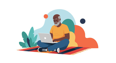 An elderly man with a beard sits cross-legged on a rug, diligently working on his laptop in a vibrant outdoor setting, depicted in a modern flat design illustration style.