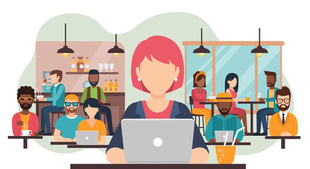 A vibrant illustration showcases a woman working on her laptop at a cafe, surrounded by diverse individuals in a modern, flat design style, perfect for marketing materials.