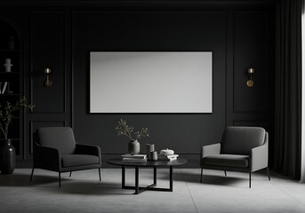 Dark, elegant living room interior with a large blank framed display.