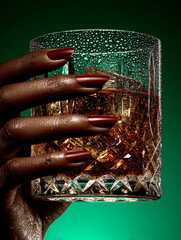Elegant black woman's hand holding a cocktail glass with ice  