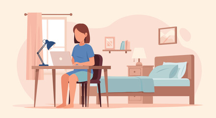 A young woman is comfortably working on her laptop at a desk in a cozy bedroom, illustrating the concept of remote work or online education.