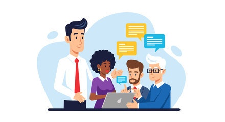 A diverse team collaborates on a project using a laptop, discussing ideas with speech bubbles in a modern, flat design style suitable for marketing materials.