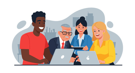 Diverse business professionals collaborate on laptops in a modern office setting, showcasing teamwork and digital communication for corporate success.