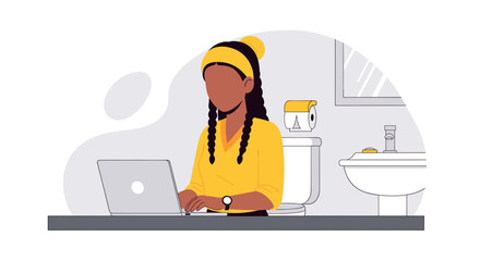 A focused Black woman with braids works diligently on her laptop from an unexpected home office setup in a modern flat design illustration.
