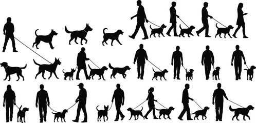 Dog walking silhouettes collection, people with pets, leash training, outdoor activity, walking dogs vector set, black silhouette illustration