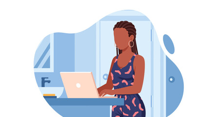 A modern flat design illustration depicts a young African American woman actively working on her laptop in a contemporary home office setting, focusing on digital tasks.