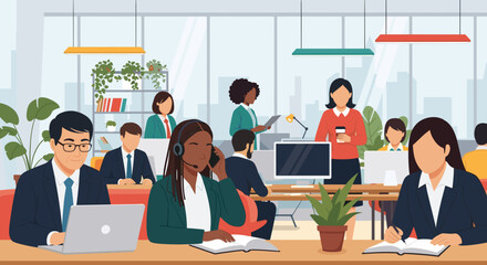 A diverse team of professionals collaborates in a modern office setting, utilizing technology and communication for corporate success and project development, showcasing a dynamic work environment.