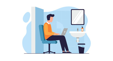 A flat design illustration depicts a man working on his laptop in a modern bathroom, showcasing the flexibility of remote work and digital lifestyle for a company.