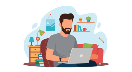 A man works remotely on his laptop in a comfortable home office, showcasing modern flat design for web and marketing purposes.