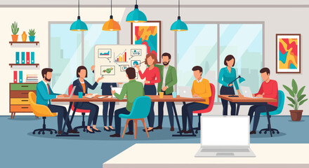 A diverse business team collaborates in a modern office setting, discussing strategies and analyzing data in a vibrant flat design illustration.