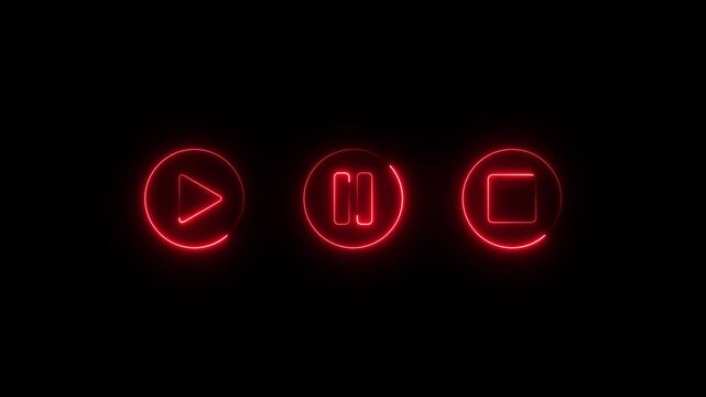 Neon play, pause, stop button icon animation on black background. audio neon play button motion graphics. music play button 4k video footage.