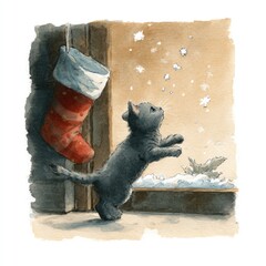 Gray kitten chasing falling snowflakes near a stocking, cozy indoor scene, watercolor style