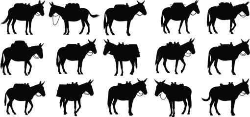 Donkey silhouette pack vector, mule carrying cargo, livestock transport clipart, pack animal collection, rural farm work graphic