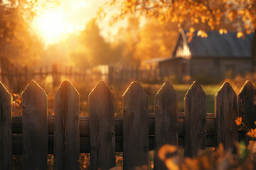 Wooden fence in a rural landscape. Misty autumn morning at sunrise.