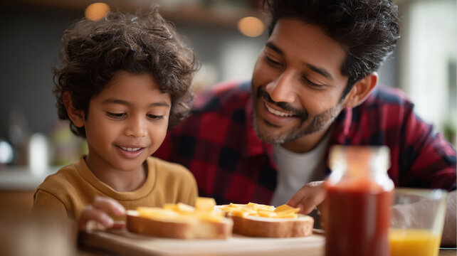 happy indian father and children making sandwich together