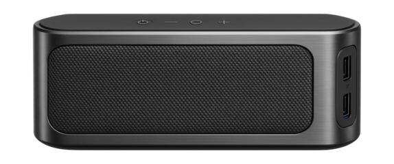 Stereo speaker with powerbank, elongated form and dual USB ports for simultaneous device charging