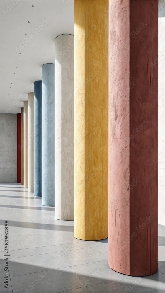 Poster a row of colorful textured pillars in an art gallery with sunlight on the floor and ceiling lights a