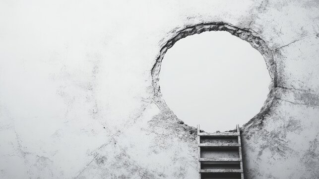 Ladder leading to circular hole in concrete wall symbolizing hope and escape