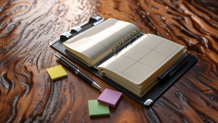 Open planner with sticky notes and pen on wooden desk