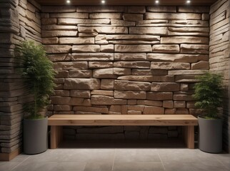 Wild stone cladding wall and wooden bench. Decorative tree trunks composition in rustic style