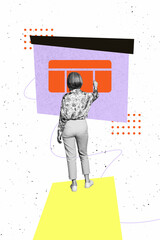 Sketch image trend artwork montage 3D photo collage of aged woman stand back write board...