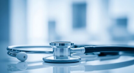 A closeup of a stethoscope, a vital medical instrument used for listening to internal body sounds, resting on a reflective surface