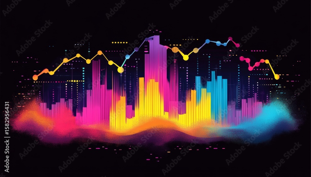 Poster interactive financial data visualization with charts, colorful columns, and trend analysis tools