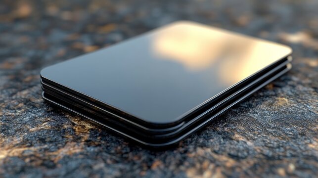 Modern tech device mockup on a dark stone surface with a sunrise reflection - Powered by Adobe