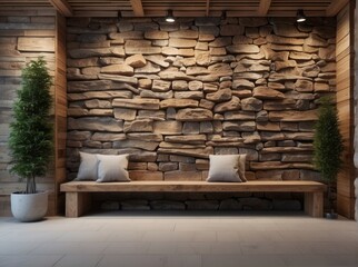 Wild stone cladding wall and wooden bench. Decorative tree trunks composition in rustic style
