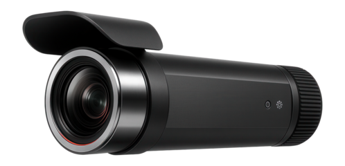 Bullet-style tracking camera with a long, narrow build and a sunshield for outdoor use