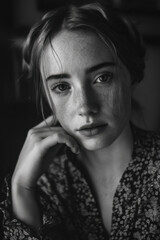 Black and white portrait of a young woman. Classic studio portrait with dramatic lighting. Shallow depth of field.