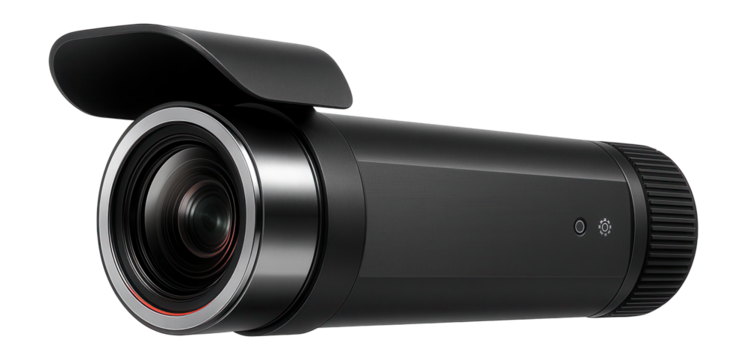 Bullet-style tracking camera with a long, narrow build and a sunshield for outdoor use
