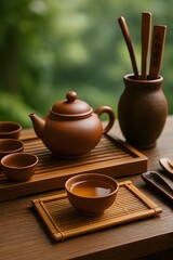 Traditional Clay Teapot and Cups on Wooden Tray with Bamboo Tools in Outdoor Setting, Evoking Zen Atmosphere and Cultural Tea Rituals
