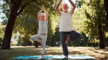 A girl and older man practicing yoga in a park - Powered by Adobe