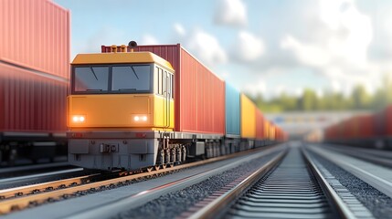 Naklejka premium Long freight train with colorful containers moving on railway tracks under a partly cloudy sky during daytime, representing transportation, logistics, and industrial cargo transport