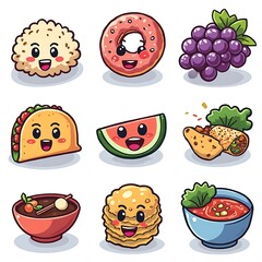 Cartoon Food Characters Collection Happy Donut Grapes Taco Watermelon and More
