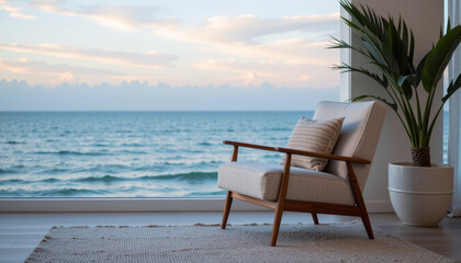 Modern armchair with wooden frame and cushion by large window overlooking calm ocean waves and soft sky at sunset